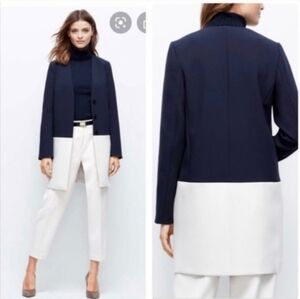 Ann Taylor Womens Coat Suit Jacket Long Blue Cream Color Block XXS Luxury